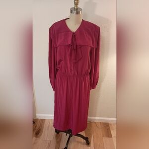 Vtg 80s Fuschia Tie-Neck Midi Dress
